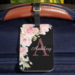 Elegante reizen monogram roze Waterverf Rozen Bagagelabel