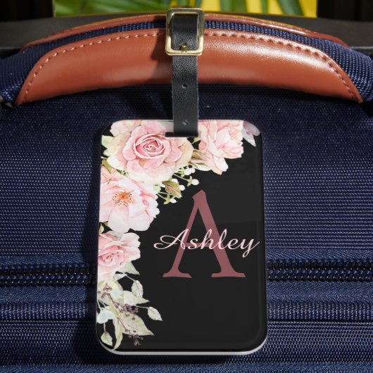 Elegante reizen monogram roze Waterverf Rozen Bagagelabel (Voorkant Insitu 2)