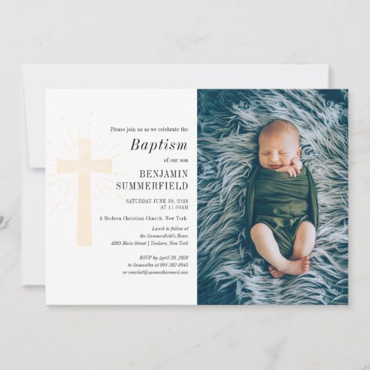 Elegante religieuze babyfoto doop uitnodiging (Voorkant)
