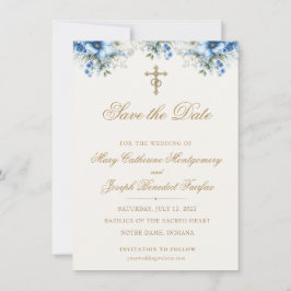 Elegante religieuze blauwe bloemengouden kruis bru save the date