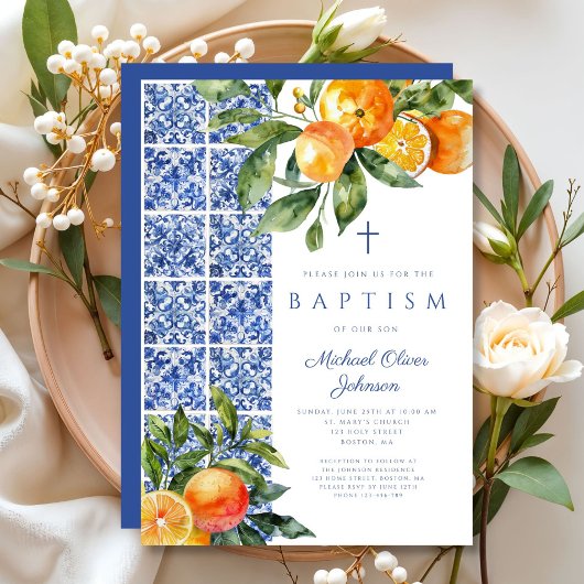 Elegante Religieuze Kruis Blauwe Tegels Doop Kaart