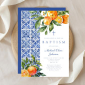 Elegante Religieuze Kruis Blauwe Tegels Doop Kaart