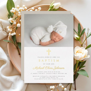 Elegante religieuze kruis foto doopsel goud folie uitnodiging