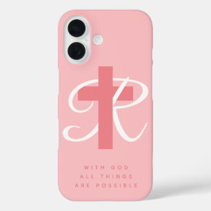 Elegante religieuze kruisnaam monogram koraal roze iPhone 16 hoesje