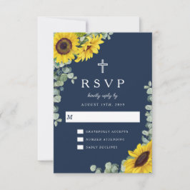 Elegante Religieuze Navy Blauwe Zonnebloem Bruilof RSVP Kaartje
