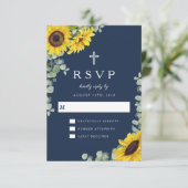 Elegante Religieuze Navy Blauwe Zonnebloem Bruilof RSVP Kaartje (Staand voorkant)