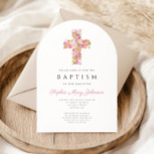 Elegante Religieuze Roze Bloemen Kruis Doop Boog Kaart