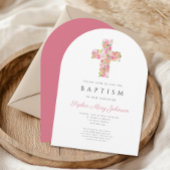 Elegante Religieuze Roze Bloemen Kruis Doop Boog Kaart