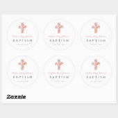 Elegante Religieuze Roze Bloemenkruis Doop Ronde Sticker (Vel)