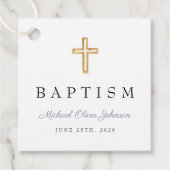 Elegante religieuze stoffige blauwe kruis doop bedankjes labels (Voorkant)