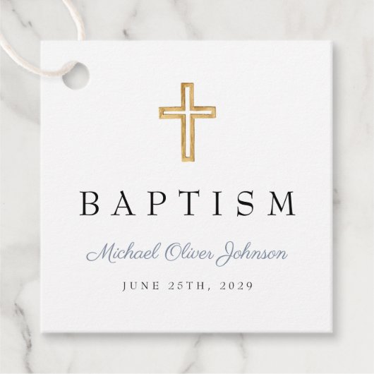 Elegante religieuze stoffige blauwe kruis doop bedankjes labels (Voorkant)