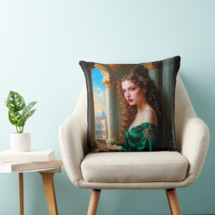 Elegante Renaissance Vrouw in Groene Jurk Kussen