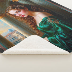 Elegante Renaissance Vrouw in Groene Jurk Sherpa Deken