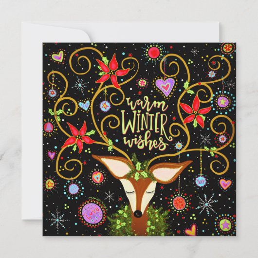 Elegante Rendier Bloemen Kerstwensen Feestdagenkaart (Voorkant)