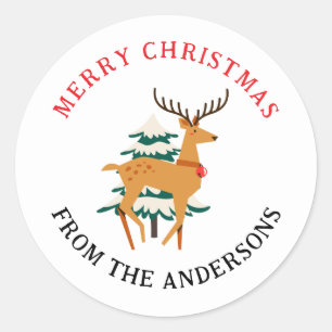 Elegante Rendieren & Kerstman Familienaam Ronde Sticker