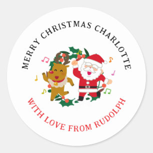 Elegante Rendieren & Kerstman Familienaam Ronde Sticker