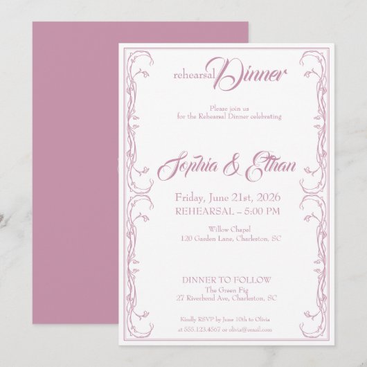 Elegante repetitie Dinner Invitation – Pink Rose F Kaart (Voorkant / Achterkant)