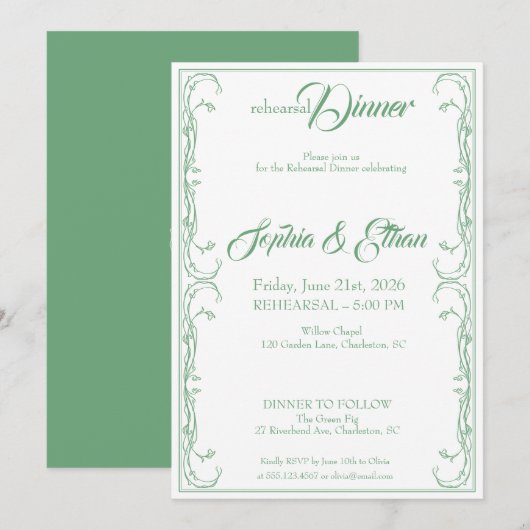 Elegante repetitiediner-uitnodiging - groen Roos F Kaart (Voorkant / Achterkant)