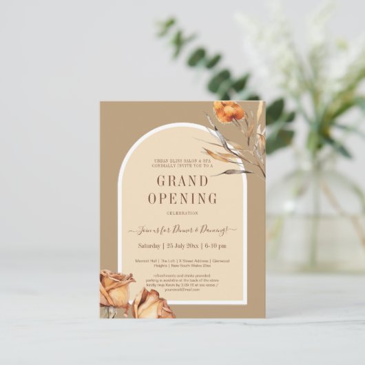 Elegante Retro Arch Bloem Zakelijke Grote Opening Briefkaart (Staand voorkant)
