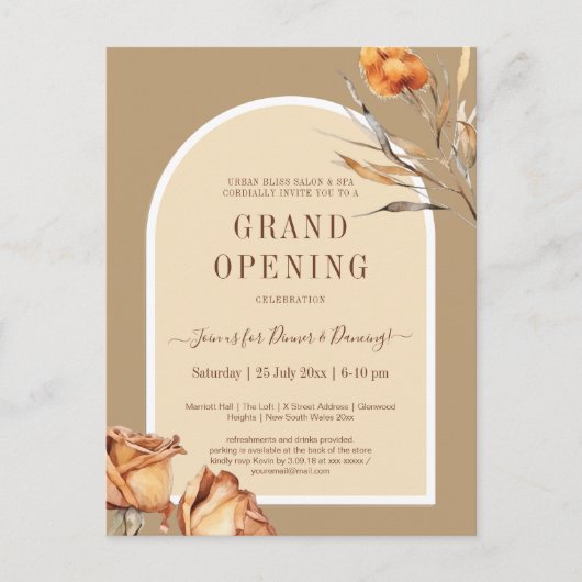 Elegante Retro Arch Bloem Zakelijke Grote Opening Briefkaart (Voorkant)