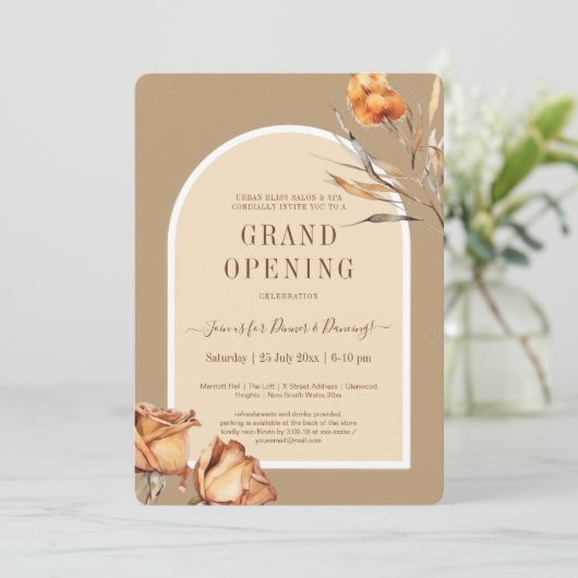 Elegante Retro Arch Bloem Zakelijke Grote Opening Kaart (Staand voorkant)