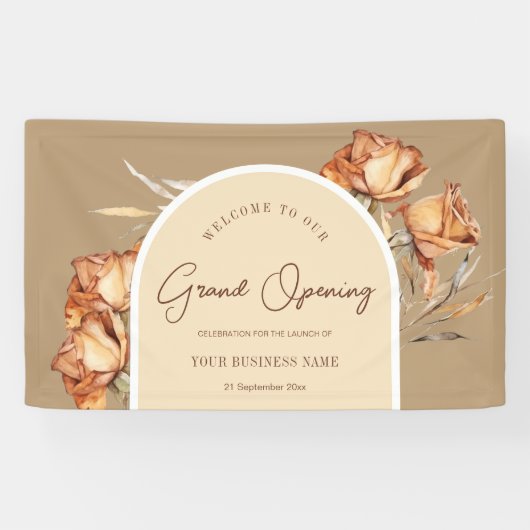 Elegante Retro Arch Bloem Zakelijke Grote Opening Spandoek (Horizontaal)