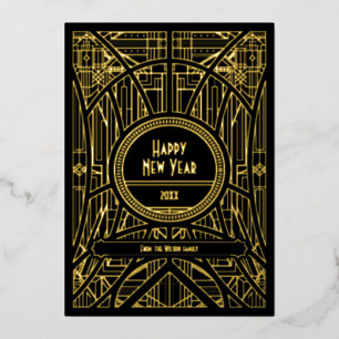 Elegante retro art deco Gelukkig Nieuwjaar Folie Feestdagenkaart