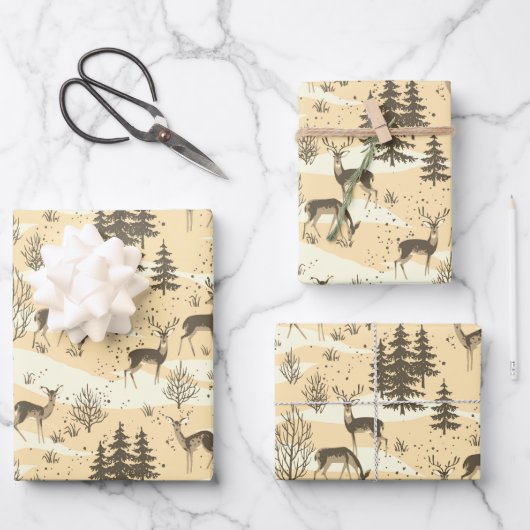 Elegante Retro Beige Cream Woodland Herten Inpakpapier Vel (Voorkant)