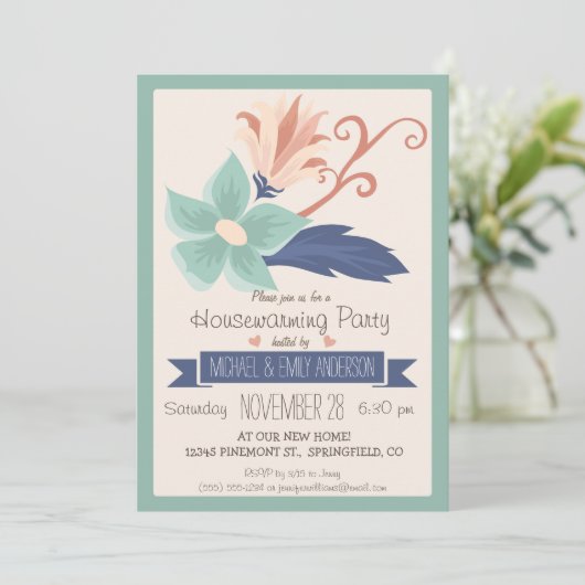 Elegante Retro Bloemen; Floral Housewarming Party Kaart (Staand voorkant)