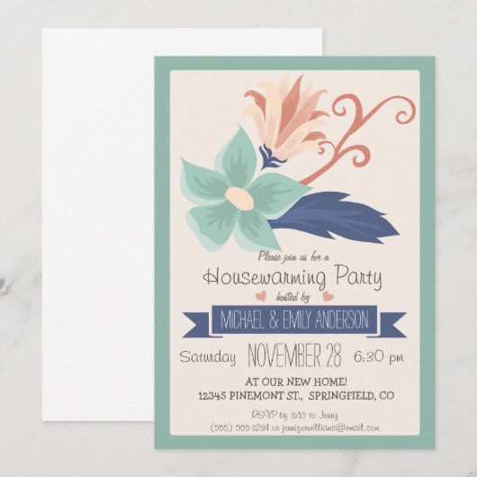 Elegante Retro Bloemen; Floral Housewarming Party Kaart (Voorkant / Achterkant)