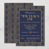 Elegante Retro Blue Gold Deco Nieuwjaarsfeest Kaart (Voorkant / Achterkant)