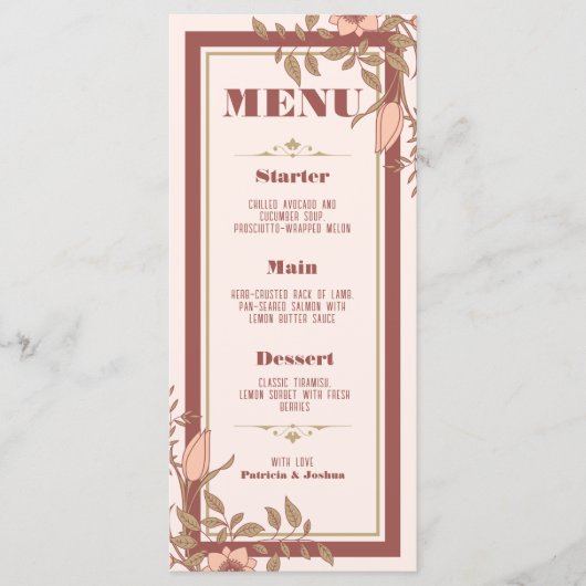 Elegante Retro Blush Bloemen Wedding Menu Kaart (Voorkant)