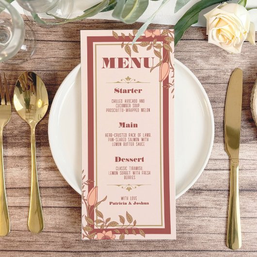 Elegante Retro Blush Bloemen Wedding Menu Kaart
