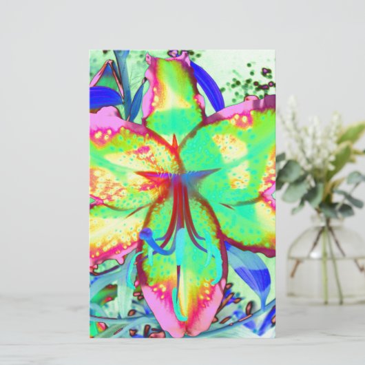 Elegante retro boho abstract groen roze bloemen briefpapier (Staand voorkant)