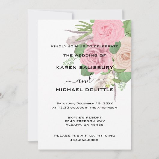 Elegante Retro Boho Bloemen Roze Boeket Huwelijk Kaart (Voorkant)