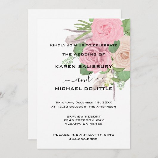 Elegante Retro Boho Bloemen Roze Boeket Huwelijk Kaart (Voorkant / Achterkant)