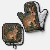 Elegante retro boho konijn bos bloemen ovenwant & pannenlap set (Voorkant / Achterkant)