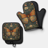 Elegante retro boho vlinder botanisch groen ovenwant & pannenlap set (Voorkant / Achterkant)
