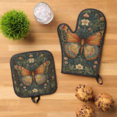 Elegante retro boho vlinder botanisch groen ovenwant & pannenlap set (Top down)