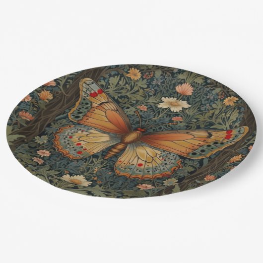 Elegante retro boho vlinder botanisch groen papieren bordje (Gekanteld)