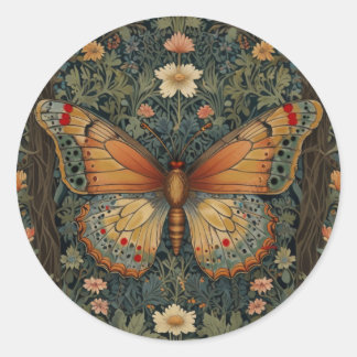 Elegante retro boho vlinder botanisch groen ronde sticker