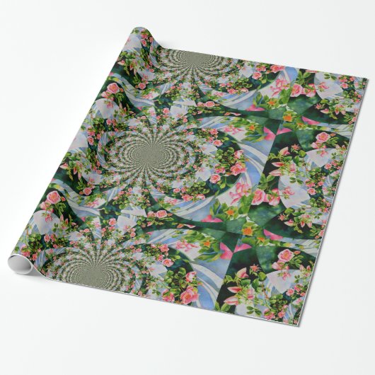 Elegante retro boho waterverf roze bloemen cadeaupapier (Uitgerold)