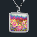 Elegante retro boho waterverf zonnebloemvelden zilver vergulden ketting<br><div class="desc">Elegante retro boho waterverf zonnebloemvelden</div>