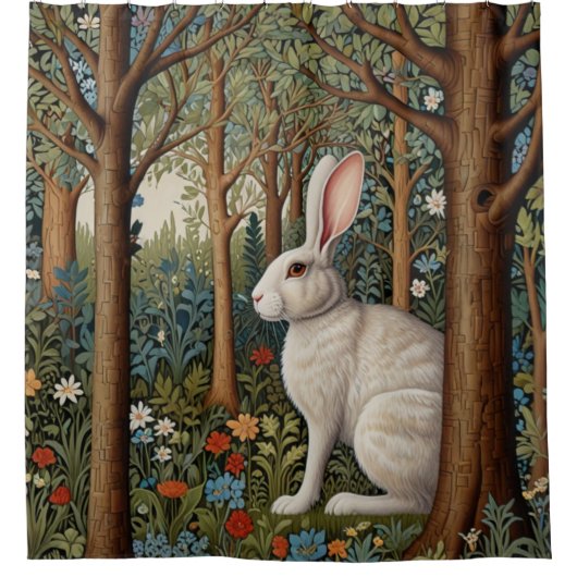 Elegante retro boho witte konijn bos bloemen douchegordijn (Voorkant)