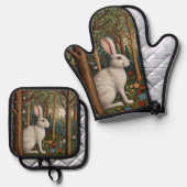 Elegante retro boho witte konijn bos bloemen ovenwant & pannenlap set (Voorkant / Achterkant)