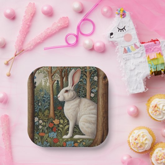 Elegante retro boho witte konijn bos bloemen papieren bordje (Feest)