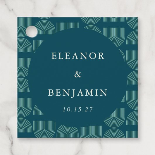 Elegante Retro Chic Arch Blauwgroen Blauw Aangepas Bedankjes Labels (Voorkant)