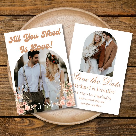 Elegante retro chic script 2 boog foto's boho save the date