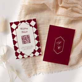 Elegante Retro Geruite Bordeaux Huwelijk Informatiekaartje
