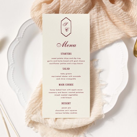 Elegante Retro Geruite Bordeaux Huwelijk Menu